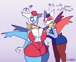 amber_eyes blue_body boob_envy boob_squish breast_envy breasts chabble flight_attendant latias latios no_hair red_body rule_63 rule_63 shocked shocked_expression short_tail tail uniform wings