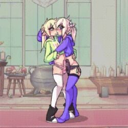 animated blonde_hair cock_bulge cum_in_panties elf elf_ears femboy femboy_on_femboy game_cg hoodie_(artist) kissing leslie_(hoodie) male max_(hoodie) panties pressing_cocks_together thighhighs