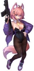 animal_ears animal_tail big_ass big_breasts big_butt big_thighs big_titties character_request clothing curvaceous curvaceous_female curvaceous_figure curvy curvy_figure curvy_hips exnezo female female_focus female_only gun looking_at_viewer pink_hair short_hair thigh_highs