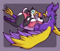 absurd_res anthro ass avian beak big_ass big_beak big_breasts big_butt big_penis bird black_body black_feathers boxers_(clothing) bra breast_play breasts bulge claws closed_beak clothing clothing_bulge countershade_tail countershade_torso countershading detailed_bulge erection erection_under_clothing eye_contact eyeshadow feathers female genital_outline genitals gold_eyeshadow grey_boxers grey_clothing grey_underwear gryphon hi_res ikakins kestrel_(ichlamogeneralhukari) looking_at_another looking_pleasured makeup male male/female mouth_closed multicolored_body mythological_avian mythological_creature mythology open_beak open_mouth panties pawpads paws penis penis_outline pink_bra pink_clothing pink_panties pink_pawpads pink_underwear purple_body purple_eyes purple_feathers sex spread_wings tail tail_claws teal_eyes teal_eyeshadow tenting thick_thighs through_clothing titfuck_over_clothes titfuck_under_clothes titjob toucan two_tone_body two_tone_tail underwear wet wet_clothing wet_underwear white_body white_sclera wings yellow_beak yellow_body yellow_feathers