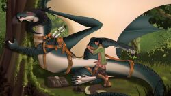 16:9 black_claws black_horn black_nose_horn cassula_ovrata claws dragon duo female feral grass hi_res horn human larger_penetrated male male/female mammal membrane_(anatomy) membranous_wings mythological_creature mythological_scalie mythology penetration pink_vulva plant scales scalie size_difference skyebold tree vaginal_penetration vaginal_penetration white_body white_membrane white_scales widescreen wings