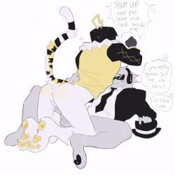 ass asshole balls black_glasses black_hat chance_(forsaken) clothing cuntboy dick earphone forsaken_(roblox) glasses grey_body hat helmet male no_panties nonbinary_(lore) paws pussy ringmaster_(forsaken) roblox roblox_game robloxian sexmaster99 tiger_tail white_body