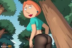 1girls 20th_century_fox 20th_century_studios ai_generated aqua_shirt artist_name ass blue_shirt blue_sky breasts crop_top cropped_shirt day earrings family_guy from_behind hi_res jewelry lipstick lois_griffin looking_at_viewer looking_back makeup mature_female medium_breasts midriff orange_hair outdoors panties panties_under_pantyhose pantyhose red_lips rule34lab shirt short_hair short_sleeves sky smile solo tree underwear