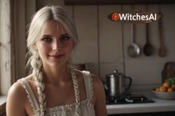 absurd_res ai ai_art ai_generated apron blurry blurry_background braid cd_projekt_red ciri cirilla_fiona_elen_riannon closed_mouth cooking dress female food frying_pan hi_res high_quality high_resolution highres indoors kitchen ladle lips long_hair looking_at_viewer nose patreon_logo realistic scar scar_on_face smile solo sorceress spatula the_witcher_(series) the_witcher_3:_wild_hunt the_witcher_4 twin_braids uncensored white_dress white_hair witches_ai yellow_eyes