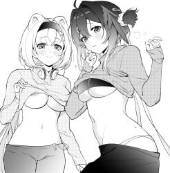 2girls absurdres animal_ears areola_slip arknights aurora_(arknights) bai_xin bear_ears blush breasts closed_mouth clothes_lift female hair_between_eyes hair_ornament hairband hairclip headphones headphones_around_neck highres la_pluma_(arknights) lifting_own_clothes long_hair long_sleeves monochrome multiple_girls navel one_side_up pants parted_lips shirt_lift sleeves_past_wrists small_sweatdrop spot_color sweat underboob very_long_hair