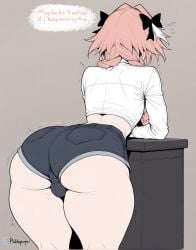 1boy 2d 2d_(artwork) ai_generated ass ass_focus astolfo_(fate) bent_over big_ass big_ass_(male) black_bow bow braid bulge denim denim_shorts english_text fate/grand_order femboy femboysub from_behind gay grey_background hairbow highres huge_ass leaning_on_object long_braid long_hair long_sleeves male_focus multicolored_hair otoko_no_ko picklepumper pink_hair shirt short_shorts shorts simple_background single_braid solo solo_focus speech_bubble streaked_hair submissive submissive_male white_shirt yaoi
