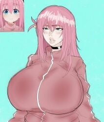 1girls bocchi_the_rock! color female fully_clothed gotou_hitori huge_breasts lips monochrome supersolenoid tagme