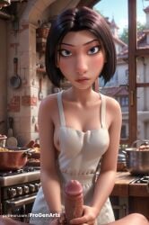 1boy 1boy1girl 1girls ai_generated apron black_hair blue_eyes breasts colette_tatou collarbone day disney erection food frying_pan gumroad_username handjob hi_res indoors kitchen large_penis lips looking_at_viewer medium_breasts naked_apron nipples nose oven patreon_logo patreon_username penis pixar pov pov_crotch progenarts ratatouille short_hair small_breasts solo_focus spatula stove straight uncensored veins web_address window