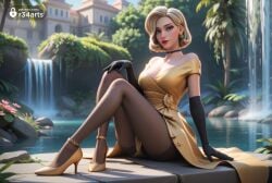 1girls ai_generated angela_ziegler artist_name bare_shoulders black_choker black_gloves black_pantyhose blizzard_entertainment blonde_hair blue_eyes blurry blurry_background breasts choker cleavage collarbone day dress earrings elbow_gloves female flower fountain full_body gloves hi_res high_heels jewelry knees_up large_breasts legs lips looking_at_viewer makeup mercy nose off-shoulder_dress off_shoulder outdoors overwatch overwatch_2 pantyhose parted_lips r34arts red_lips rock short_hair sitting smile solo thighband_pantyhose tree water waterfall yellow_dress yellow_footwear