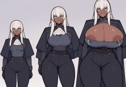 age_progression ai_assisted ai_generated anime anime_style ass_expansion atlus before_and_after breast_expansion breasts brigitta_(metaphor:_refantazio) brigitta_lycaon busty_female clothed clothing coat dark-skinned_female dark_skin detailed detailed_background earrings expansion female front_view growth growth_sequence happy height_growth height_increase hero heroine high_resolution huge_breasts jeans large_breasts long_hair metaphor:_refantazio nipple_slip nipples open_mouth parted_lips sequence skin_tight skintight solo solo_focus teeth thighhighs thighs thunder_thighs thunderthighs transformation white_hair white_hair_female