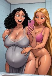 1girl1futa 1girls absurd_res absurdres ai_assisted ai_generated bathrobe bathroom bimbo black_hair blonde_hair bottomless bra chemise female flaccid_penis foreskin futa_on_female futa_with_female futanari green_eyes grey_eyes hand_on_stomach high_resolution highres incest large_ass large_belly large_breasts large_hair long_hair mature_female messy_hair mother_and_daughter mother_gothel pregnant pregnant_belly pregnant_female raleu10 rapunzel rapunzel_(tangled) selfie selfie_pose tangled uncircumcised uncircumcised_futa uncircumcised_penis