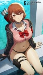 ai_generated armband arrow_(projectile) atlus bikini black_bikini black_gloves black_jacket blush bow bowtie breasts brown_eyes brown_hair cardigan choker cleavage closed_mouth collarbone collared_shirt crop_top feet_out_of_frame female gekkoukan_high_school_uniform gloves holster jacket large_breasts long_sleeves looking_at_viewer mykibuu navel no_pants open_cardigan open_clothes open_jacket persona persona_3 persona_3_reload pink_cardigan pink_shirt poolside quiver red_bow red_bowtie shirt short_hair single_glove sitting smile soaking_feet solo stomach swept_bangs swimsuit thigh_holster thigh_pouch thigh_strap thighs water white_choker white_shirt yukari_takeba yukari_takeba zipper zipper_pull_tab