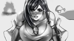 1boy 1girls black_hair blush breasts campfire earrings feiryu final_fantasy final_fantasy_vii fungus happy highres jewelry large_breasts long_hair looking_at_viewer monochrome mushroom open_mouth paizuri penis pond saliva shirt sleeveless solo_focus square_enix straight straight tank_top third-party_edit tifa_lockhart uncensored