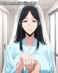 1girls ai_generated artifical_art black_hair eye_bags hospital hospital_gown light-skinned_female light_skin long_hair mature mature_female milf mommy mother park_kyung_hye perfect_body purple_eyes solo_leveling