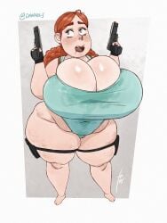 1girls big_breasts chubby chubby_female cleavage creature_from_the_lake danhelj enormous_breasts female freckles huge_breasts lara_croft_(cosplay) light-skinned_female light_skin looking_at_viewer massive_breasts plump shelby_(creature_from_the_lake) tomb_raider voluptuous voluptuous_female wide_hips