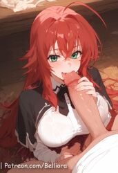1boy 1girls ahoge ai_generated artist_name bangs belliora blush breasts capelet erection fellatio female green_eyes hair_between_eyes handjob high_school_dxd indoors large_breasts licking licking_penis long_hair long_sleeves looking_at_viewer oral patreon penis penis_grab red_hair red_skirt rias_gremory school_uniform shirt skirt straight tongue tongue_out uncensored white_shirt