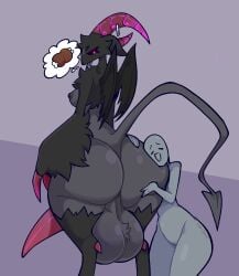 2024 3_claws 4_fingers 4_horns ambiguous_gender anthro areola artist_name ass bald ball_tuft balls belly big_balls big_butt big_penis biped black_areola black_body black_fur black_nipples black_sclera black_tail black_wings body_worship bovid breasts butt_grab butt_worship caprine claws colored curvy_figure demon digital_drawing_(artwork) digital_media_(artwork) dozighost duo ear_piercing english_text erection featureless_crotch female female_(lore) fingers fur futa/ambiguous futanari gender_symbol genitals grey_background grey_body grey_skin hair hand_on_butt hi_res hooves horn huge_balls huge_butt huge_cock human intersex intersex/ambiguous long_penis long_tail looking_down looking_pleasured male male_symbol mammal mara_(dozighost) markings membrane_(anatomy) membranous_wings multi_horn mythological_creature mythology nipples nude open_mouth penis piercing pink_eyes pink_horn pink_sclera purple_hooves purple_tongue saggy_balls shaded sheep signature simple_background slightly_chubby slightly_chubby_anthro slightly_chubby_futa slightly_chubby_intersex smile spade_tail standing symbol tail tapering_penis text thick_thighs thought_bubble tongue tongue_out tuft voluptuous voluptuous_anthro voluptuous_futa voluptuous_intersex vulva watermark white_body white_vulva wide_hips wings yellow_markings