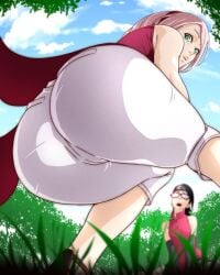 ass bike_shorts blurry bush depth_of_field female grass green_eyes huge_ass pink_hair sakura_haruno shorts tree