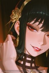 aesthetic ai_assisted ai_generated anime bebora black_hair close-up face pale_skin patreon_username portrait red_eyes smile spy_x_family yor_briar yor_forger