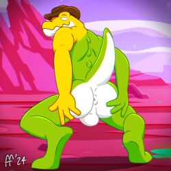 1:1 1boy 2024 4_fingers anthro anus ass athletic athletic_anthro athletic_male balls biped brown_clothing brown_hat brown_headwear candy chromatic_aberration closed_smile clothing crocodile crocodilian crouching dessert digital_drawing_(artwork) digital_media_(artwork) empty_eyes fabfelipe fingers food food_creature genitals glitch_productions green_body gummigoo_(tadc) gummigoo_(the_amazing_digital_circus) hat hat_only headgear headgear_only headwear headwear_only hi_res living_candy looking_at_viewer looking_back looking_back_at_viewer male male_only mostly_nude mostly_nude_anthro mostly_nude_male mouth_closed multicolored_body pinup pose raised_tail reptile scalie smile solo spread_ass spread_butt spreading tail the_amazing_digital_circus white_body yellow_body