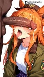 1boy after_fellatio ai_generated animal_ears balls beret blue_skirt blush bomber_jacket breasts brown_headwear clothed_female_nude_male cum cum_in_mouth cum_on_hair cum_on_tongue dark-skinned_male dark_skin erection facial female green_jacket hat horse_ears horse_girl interracial jacket large_penis long_hair long_sleeves male male_pubic_hair mayano_top_gun_(umamusume) multiple_girls mykibuu nude open_clothes open_jacket open_mouth orange_eyes orange_hair penis penis_awe penis_on_face penis_over_eyes plaid plaid_skirt pubic_hair purple_skirt saliva shirt simple_background skirt solo_focus straight stray_pubic_hair sweat symbol-shaped_pupils tail teeth testicles tongue tongue_out two_side_up umamusume uncensored upper_teeth_only veins veiny_penis white_background white_shirt