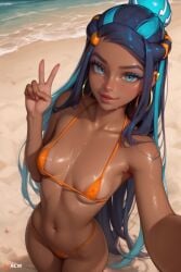 1girls acw ai_generated armpits beach bikini blue_eyes blue_hair dark-skinned_female dark_skin female hair_ornament hoop_earrings long_hair looking_at_viewer micro_bikini nessa_(pokemon) nintendo ocean orange_bikini pokemon shiny_skin slim small_breasts smile solo solo_female streaked_hair taking_selfie v wet_body wet_skin