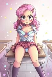 :p blush bra classroom desk looking_at_viewer medium_breasts medium_hair oceaninspace panties panties_visible_under_skirt pink_hair school_uniform schoolgirl sitting sitting_on_desk skirt unbuttoned_shirt upskirt white_bra