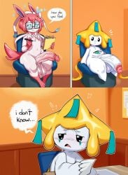 absurd_res ai_generated anthro anthrofied balls big_balls big_penis blue_eyes blush bodily_fluids chair dialogue duo eeveelution english_text erection eyewear foreskin furniture generation_4_pokemon generation_6_pokemon genital_fluids genitals girly glasses hair hellsonger hi_res holding_object huge_cock humanoid_genitalia humanoid_penis hyper hyper_genitalia hyper_penis jirachi legendary_pokemon long_penis male mammal nervous nintendo nude open_mouth paper pen penis pokemon pokemon_(species) precum sitting small_but_hung speech_bubble sweat sweatdrop sylveon text uncircumcised vein veiny_penis white_body writing_utensil