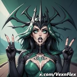 after_fellatio ai_generated artist_name black_gloves black_hair black_nails breasts cleavage crown cum cum_in_mouth cum_on_body cum_on_breasts cum_on_clothes cum_on_hair cum_on_tongue double_v dress earrings eyelashes facial female fingerless_gloves fingernails gloves green_eyes green_hair hela hela_(marvel_rivals) hi_res high_resolution jewelry lips long_fingernails long_hair looking_at_viewer makeup medium_breasts open_mouth patreon sharp_fingernails solo tattoo teeth thick_eyebrows tongue upper_body v vexnflex watermark