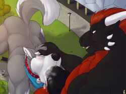 all_fours anthro anthro_on_anthro anthro_penetrated anthro_penetrating anthro_penetrating_anthro bench black_body black_penis blue_eyes blue_kerchief blue_neckerchief blush camera canid canine cheek_spikes cheek_tuft collar dragon duo_focus erection facial_spikes facial_tuft fangs genitals group hand_on_head holding_camera holding_object horn hybrid jackstone kerchief lamp lantern macro male male/male male_penetrated male_penetrating male_penetrating_male mammal muscular muscular_anthro muscular_male mythological_creature mythological_scalie mythology narrowed_eyes neckerchief neckwear nude open_mouth outside penetration penis penis_in_mouth pink_tongue plant red_body red_collar scalie sex solaxe_(artist) spikes spikes_(anatomy) standing teeth tongue tree trio tuft white_horn