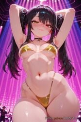 2025 ai_generated anime armpits arms_behind_head arms_up bangs bikini black_choker black_hair blush breasts breasts choker cleavage closed_mouth crossover date_a_live eye_contact female female female_focus flushed heterochromia highleg highleg_bikini highres long_hair looking_at_viewer medium_breasts midriff navel neutral_expression nsfw patreon red_eyes rognezart shiny shiny_skin skindentation smile smiling solo solo_focus stomach sweat sweaty swimsuit thick_thighs thighs tokisaki_kurumi twintails twintails very_long_hair yellow_bikini yellow_eyes