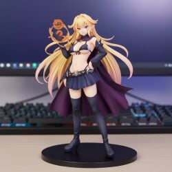 ai_generated bare_shoulders belt bikini bikini_top_only bikini_under_clothes black_bikini black_footwear black_gloves black_skirt black_sleeves black_thighhighs blonde_hair blue_skirt blurry_background boots breasts cape cleavage closed_mouth clothing detached_sleeves female female figure front-tie_bikini_top front-tie_top full_body gloves hair_intakes hand_on_own_hip high_heel_boots high_heels highleg highleg_bikini large_breasts long_hair long_sleeves looking_at_viewer medium_breasts midriff miniskirt navel pleated_skirt pointy_ears purple_cape purple_eyes single_glove skirt solo stage standing stomach swimsuit thigh_boots thighhighs underboob underwear v-shaped_eyebrows very_long_hair zettai_ryouiki