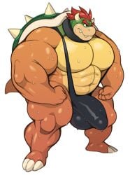 1boy abs analon_(artist) anthro bara biceps bodily_fluids bowser bulge claws clothing daddy dilf erection fangs furry furry_male furry_only hair hi_res horn koopa male male_only mario_(series) muscular muscular_male nintendo pecs red_hair reptile scalie shell shirt simple_background solo spikes sweat tail tank_top teeth topwear white_background