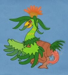 abstract_background avian beak bodily_fluids cloacal_penis cloudweaver_(artist) dancing erection feather_hands feathers feral flower_on_head genital_fluids green_body green_feathers leaking_precum leaves_on_body long_neck looking_at_viewer male musk musk_clouds open_mouth pal_(species) palumba palworld pocketpair precum solo