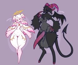 2024 3_claws 4_fingers 4_horns angel anthro areola artist_name ass azrael_(dozighost) ball_tuft balls belly big_balls big_penis biped black_areola black_body black_fur black_nipples black_sclera black_tail black_wings bovid breasts caprine claws colored curvy_figure demon digital_drawing_(artwork) digital_media_(artwork) dozighost duo ear_piercing english_text erection female female_symbol fingers fur futanari gender_symbol genitals grey_background grey_body hair halo hi_res hooves horn huge_balls huge_cock humanoid intersex long_penis long_tail male male_symbol mammal mara_(dozighost) markings membrane_(anatomy) membranous_wings multi_horn mythological_creature mythology nipples nude open_mouth penis piercing pink_eyes pink_horn pink_sclera purple_hooves saggy_balls shaded sheep signature simple_background slightly_chubby slightly_chubby_anthro slightly_chubby_futa slightly_chubby_intersex smile spade_tail standing symbol tail tapering_penis text thick_thighs tuft voluptuous voluptuous_anthro voluptuous_futa voluptuous_intersex vulva watermark white_body white_vulva wide_hips wings yellow_markings