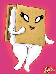 anthro female food furry no_humans personification pink_background plain_background pussy s'more swizzle