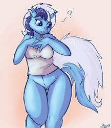 2014 ? anthro anthrofied blue_eyes blue_hair bottomless breasts claws colgate_(mlp) equine female friendship_is_magic fur hair horn mammal my_little_pony pussy skoon skunk standing two_tone_hair unicorn white_fur white_hair