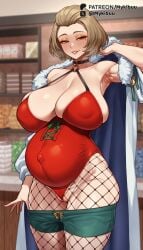 ai_generated armpits big_belly blurry blush breasts brown_eyes brown_hair cameltoe cleavage clothes_pull coat collarbone covered_navel covered_nipples eyeshadow female fire_emblem fire_emblem:_three_houses fire_emblem_heroes fishnet_pantyhose fishnets fur_trim green_shorts grin hair_slicked_back huge_breasts indoors leotard lipstick looking_at_viewer makeup manuela_casagranda mature_female mole mole_under_eye mykibuu o-ring open_coat pantyhose pregnant pussy red_leotard short_hair shorts shorts_pull smile solo standing thighs white_coat