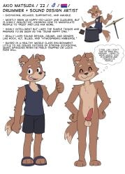absurd_res animal_genitalia animal_penis anthro balls bisexual_pride_colors brown_body brown_fur canid canine canine_genitalia canine_penis canis closed_eyes clothed clothing domestic_dog drum ear_piercing ear_ring english_text erection fur genitals hi_res knot lgbt_pride male mammal model_sheet musical_instrument nude penis percussion_instrument piercing pride_colors ring_piercing smile solo text toinkity toony