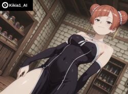 ai_generated dutch_angle female female_focus flat_belly from_below indoors kikia1 laufen_(sousou_no_frieren) looking_at_viewer medium_breasts model_pose orange_hair posing short_hair skinny skinny_girl sousou_no_frieren standing toned
