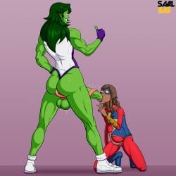 balls big_penis blowjob cumflated_belly dark-skinned_female female futa_on_female futanari intersex jennifer_walters kamala_khan kneeling_female long_tongue marvel ms._marvel_(kamala_khan) muscular muscular_futa savalkas she-hulk smile standing_female thumbs_up tongue_around_penis tongue_in_ass twitching_penis