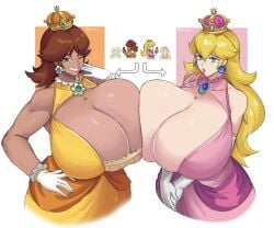 2girls alternate_breast_size alternate_costume before_and_after biceps blonde_hair blue_eyes blush breast_expansion breasts brown_hair bursting_breasts center_opening cleavage crown dark_skin dress earings eating_mushroom emmarrgus female female_focus freckles freckles_on_breasts freckles_on_face from_above gloves growth hand_on_hip huge_breasts implied_transformation impossible_clothes jewelry long_hair luigi mario mario_(series) muscle_growth muscular muscular_female mushroom necklace plump_lips power_up princess princess_daisy princess_peach queen royalty seductive_look seductive_smile simple_background skindentation smug smug_face so_retro star super_mario_bros.
