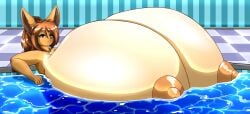 anthro areola bathing big_breasts breasts brown_body brown_eyes brown_fur brown_hair cleavage clothed clothing confident confident_female drgnalexia eevee elly_darwin_(pelleelle) everstone female fur generation_1_pokemon hi_res huge_breasts hyper hyper_breasts indoor_pool jewelry leaning leaning_backward long_ears looking_at_viewer necklace necklace_only nintendo nipples nude pokemon pokemon_(species) ponytail short_eyebrows smug solo water