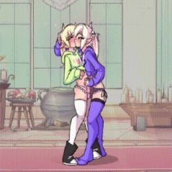 2boys animated animated_gif crossdressing cum ejaculation elf erection femboy hoodie kissing leslie_(hoodie) male max_(hoodie) original panties penis thighhighs yaoi