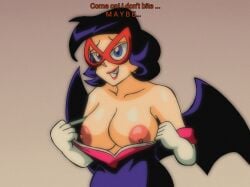 1990s_(style) 90s areolae big_breasts blue_eyes breasts cosplay female flashing gloves human lipstick mask nipples no_bra not_furry red_lipstick rouge_the_bat_(cosplay) shadow sharp_teeth simple_background smile sonic_(series) style_emulation teasing text the_red_capeness