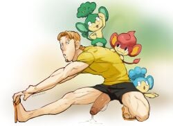 1boy bara commentary english_commentary facial_hair flip-flops foreskin goatee highres idoraad large_penis male male_focus orange_hair panpour pansage pansear penis penis_out pokemon pokemon_(species) pokemon_concierge pokemon_on_back sandals shirt short_shorts shorts stretching toned toned_male twitter_username tyler_(pokemon) uncircumcised yellow_shirt