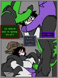 1other 1x1x1x1 1x1x1x1_(forsaken) 2boys azure_(forsaken) black_hair black_limbs blush detect_(artist) forsaken_(roblox) gangbang green_body legs_apart legs_spread nonbinary nonbinary_(lore) one_sub_two_doms precum purple_body roblox robloxian tentacle tentacle_grab text text_box threesome two_time_(forsaken) white_skin