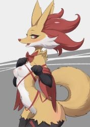 2024 absurd_res anthro areola black_body black_fur blush breasts canid canine delphox digital_media_(artwork) female female_anthro fur generation_6_pokemon half-closed_eyes hi_res kemono lolobot looking_at_viewer mammal medium_breasts narrowed_eyes navel nintendo nipples nude open_mouth pink_areola pink_nipples pokemon pokemon_(species) red_body red_fur red_nose ribbons solo tail tongue white_body white_fur yellow_body yellow_fur