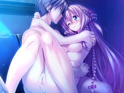 aozora_stripe blonde_hair blue_eyes blush braid breasts censored cum cum_in_pussy female game_cg hair_ribbon long_hair nipples nude overflow piromizu ribbon sawatari_kotone smile twin_braids