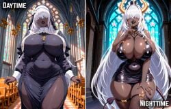 1female ai_generated before_and_after big_breasts black_lipstick black_panties breasts breasts_bigger_than_head comparing curvy curvy_body curvy_female curvy_figure curvy_hips dark-skinned_female dark_nipples dark_skin emotionless hair_over_eyes helluva_(starlightnex) huge_breasts long_hair massive_breasts mature_female nun nun_outfit original original_character playful queen seductive seductive_smile starlightnex stockings succubus succubus_horns succubus_tail thick thick_ass thick_hips thick_legs thick_lips thick_thighs thigh_highs thighs very_long_hair white_hair